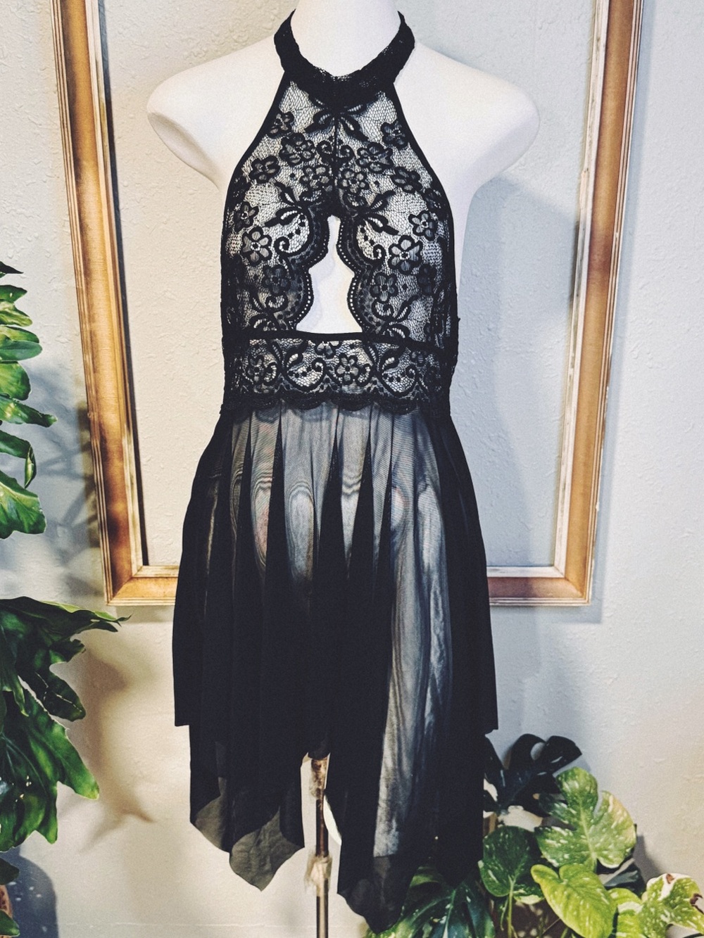 Women’s Black Lace Halter Babydoll Lingerie Dress Sheer Mesh Open Back XL
